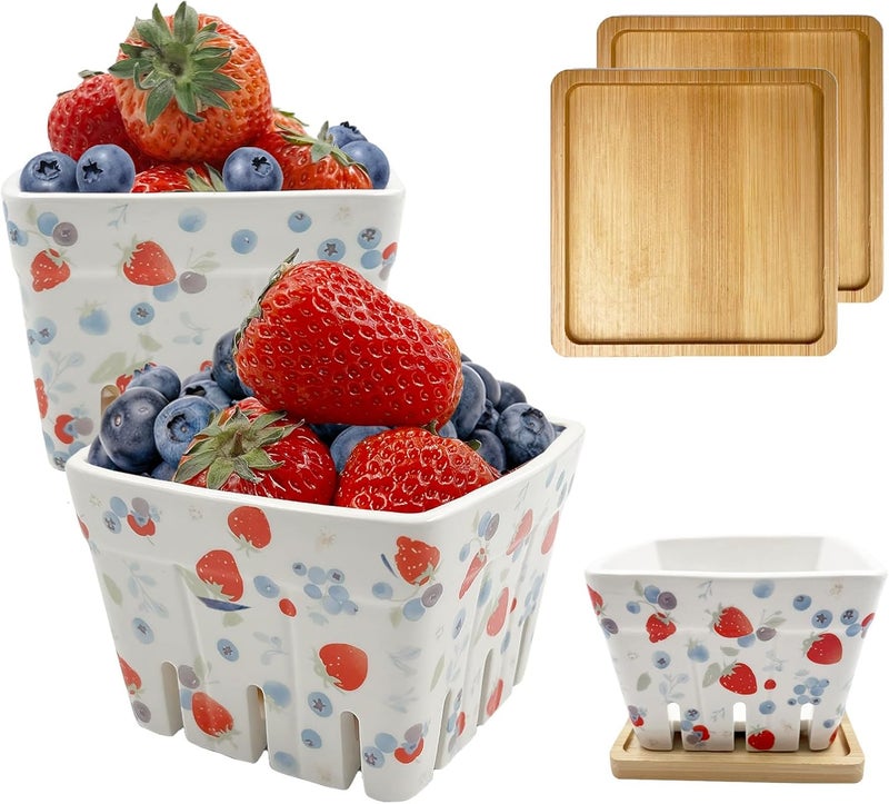 SNAIL GARDEN 2Pcs Ceramic Berry Basket with 2Pcs Bamboo CoastersBerryPatterned Berry Bowls with Holes Ceramic for Strawberries Blueberries Fruit Basket for Rustic Farmhouse Kitchen Decor - Image 1