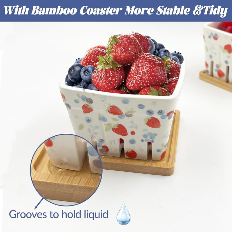 SNAIL GARDEN 2Pcs Ceramic Berry Basket with 2Pcs Bamboo CoastersBerryPatterned Berry Bowls with Holes Ceramic for Strawberries Blueberries Fruit Basket for Rustic Farmhouse Kitchen Decor - Image 2