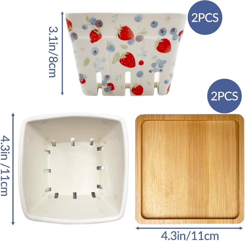 SNAIL GARDEN 2Pcs Ceramic Berry Basket with 2Pcs Bamboo CoastersBerryPatterned Berry Bowls with Holes Ceramic for Strawberries Blueberries Fruit Basket for Rustic Farmhouse Kitchen Decor - Image 3