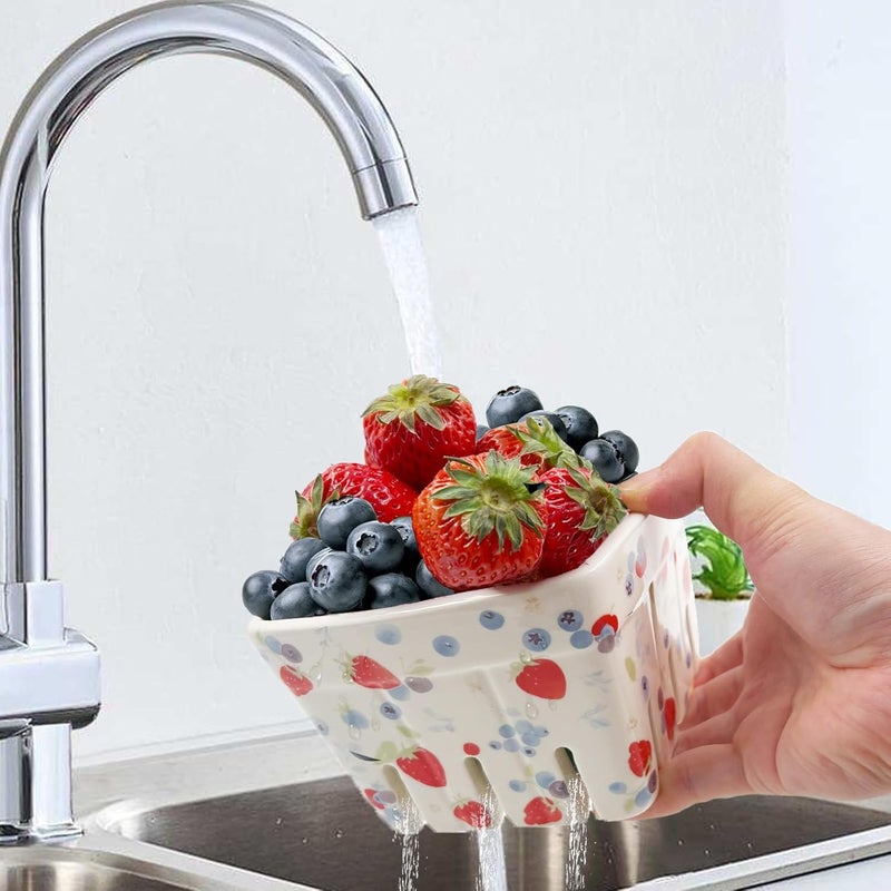 SNAIL GARDEN 2Pcs Ceramic Berry Basket with 2Pcs Bamboo CoastersBerryPatterned Berry Bowls with Holes Ceramic for Strawberries Blueberries Fruit Basket for Rustic Farmhouse Kitchen Decor - Image 5