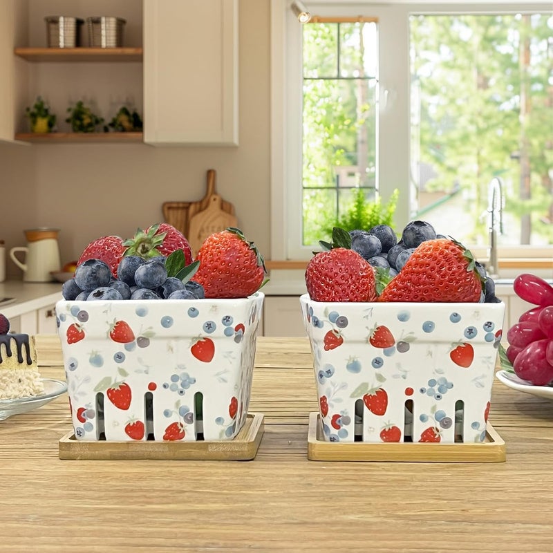 SNAIL GARDEN 2Pcs Ceramic Berry Basket with 2Pcs Bamboo CoastersBerryPatterned Berry Bowls with Holes Ceramic for Strawberries Blueberries Fruit Basket for Rustic Farmhouse Kitchen Decor - Image 4