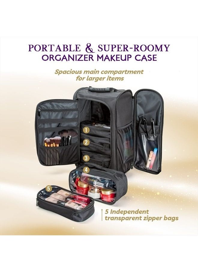Kemier Travel Makeup Train Case - Professional Rolling Cosmetic Case Portable Artist Makeup Backpack with Wheels Large Capacity Trolley Organizer Storage Bag for Women Black  - Image 4