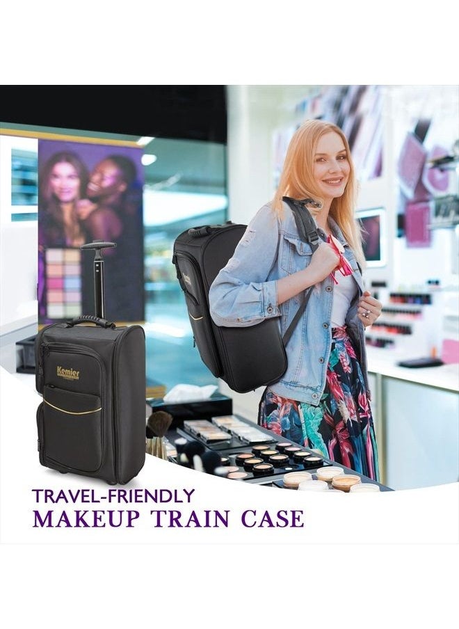 Kemier Travel Makeup Train Case - Professional Rolling Cosmetic Case Portable Artist Makeup Backpack with Wheels Large Capacity Trolley Organizer Storage Bag for Women Black  - Image 2