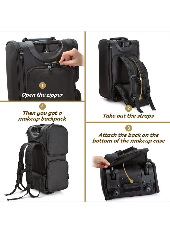 Kemier Travel Makeup Train Case - Professional Rolling Cosmetic Case Portable Artist Makeup Backpack with Wheels Large Capacity Trolley Organizer Storage Bag for Women Black  - Image 5