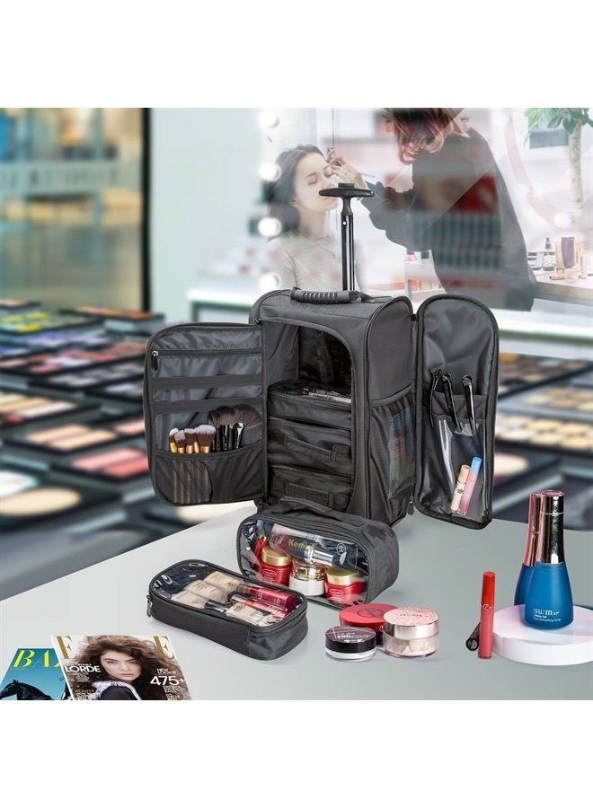 Travel Makeup Train Case - Professional Rolling Cosmetic Case Portable Artist Makeup Backpack with Wheels Large Capacity Trolley Organizer Storage Bag for Women Black