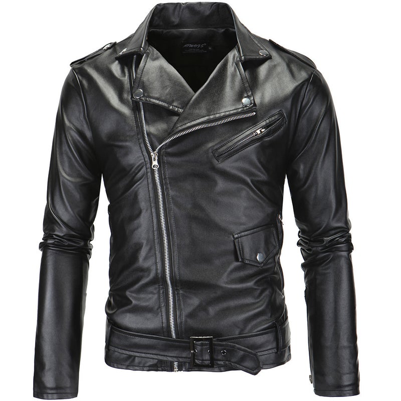 Men's Slim Fit PU Leather Biker Jacket with Lapel Collar - Image 5