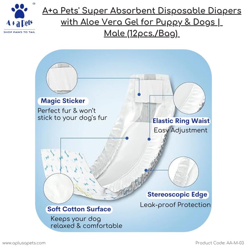A+a Pets ' Super Absorbent Disposable Diapers with Aloe Vera Gel for Puppy & Dogs Male (12pcs./Bag) (S) - Image 4