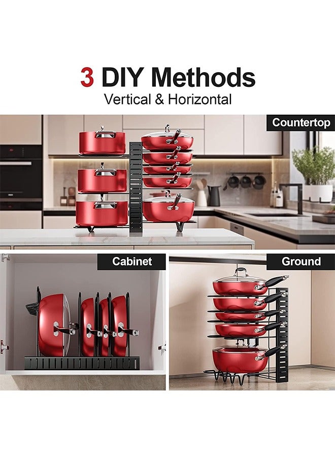 Kitchen Pot Rack, Double Row 8 Layers, 3 Use Methods, Large-Capacity Bold Pot Lid Storage Rack, Black - Image 3