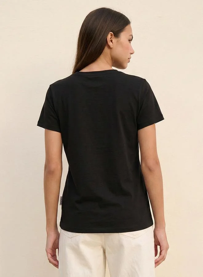 Lee Cooper BLACK Lee Cooper Relaxed Fit Cotton T shirt with Logo Print for Women | Best Price UAE