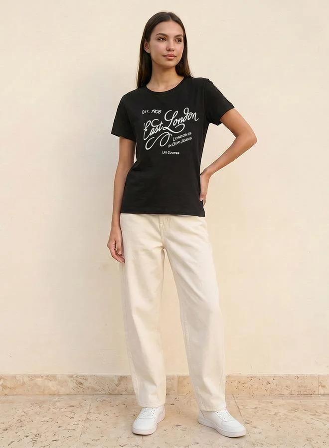 Lee Cooper BLACK Lee Cooper Relaxed Fit Cotton T shirt with Logo Print for Women | Best Price UAE