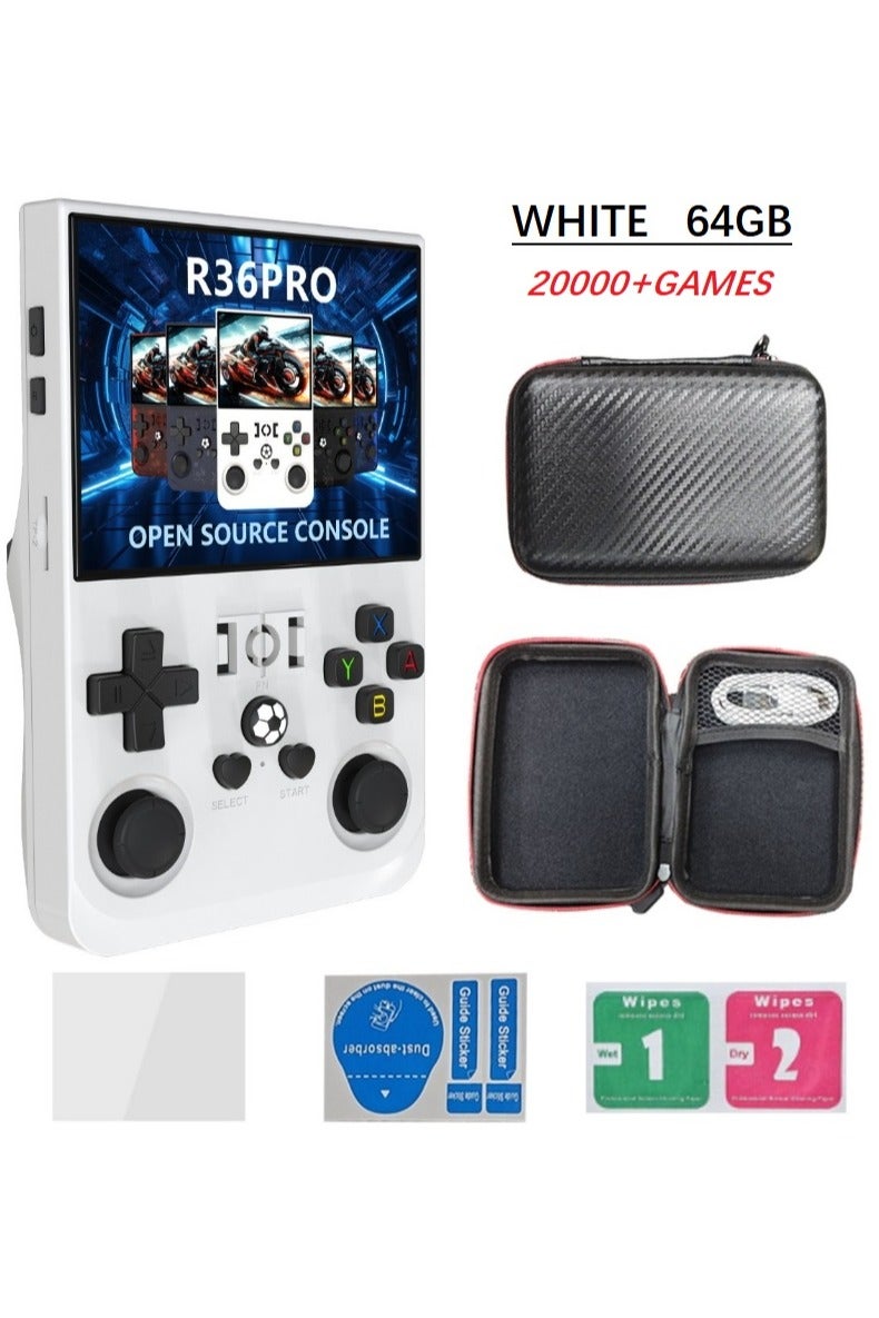 Ainawo Retro Handheld R36PRO Game Console With 64G TF Card,Support 20000+Games,3.5 Inch IPS Portable Rechargeable Open Source Game Console Emulator ,Support WiFi White - Image 1