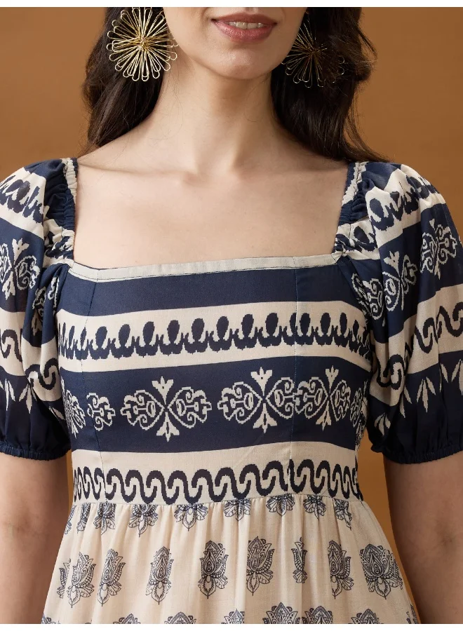 globus Women Blue Square Neck Puff Sleeves Ethnic Print Smocked Tiered Fit & Flare Midi Dress