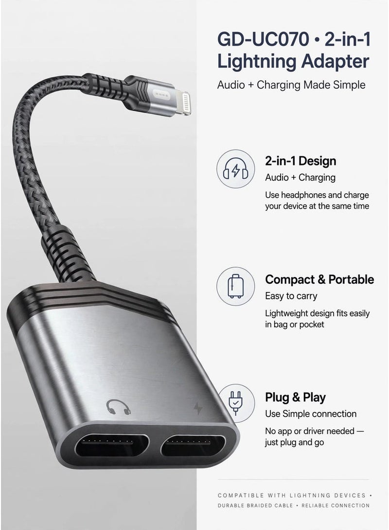 GO-DES GD-UC070 2-in-1 Lightning Audio and Charging Adapter, Dual Port Splitter for Music Playback and 2A Fast Charging, Lossless Sound Output, Microphone Support and Hands-Free Calling - Image 3