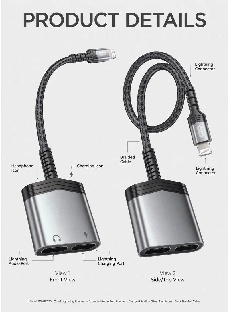 GO-DES GD-UC070 2-in-1 Lightning Audio and Charging Adapter, Dual Port Splitter for Music Playback and 2A Fast Charging, Lossless Sound Output, Microphone Support and Hands-Free Calling - Image 5