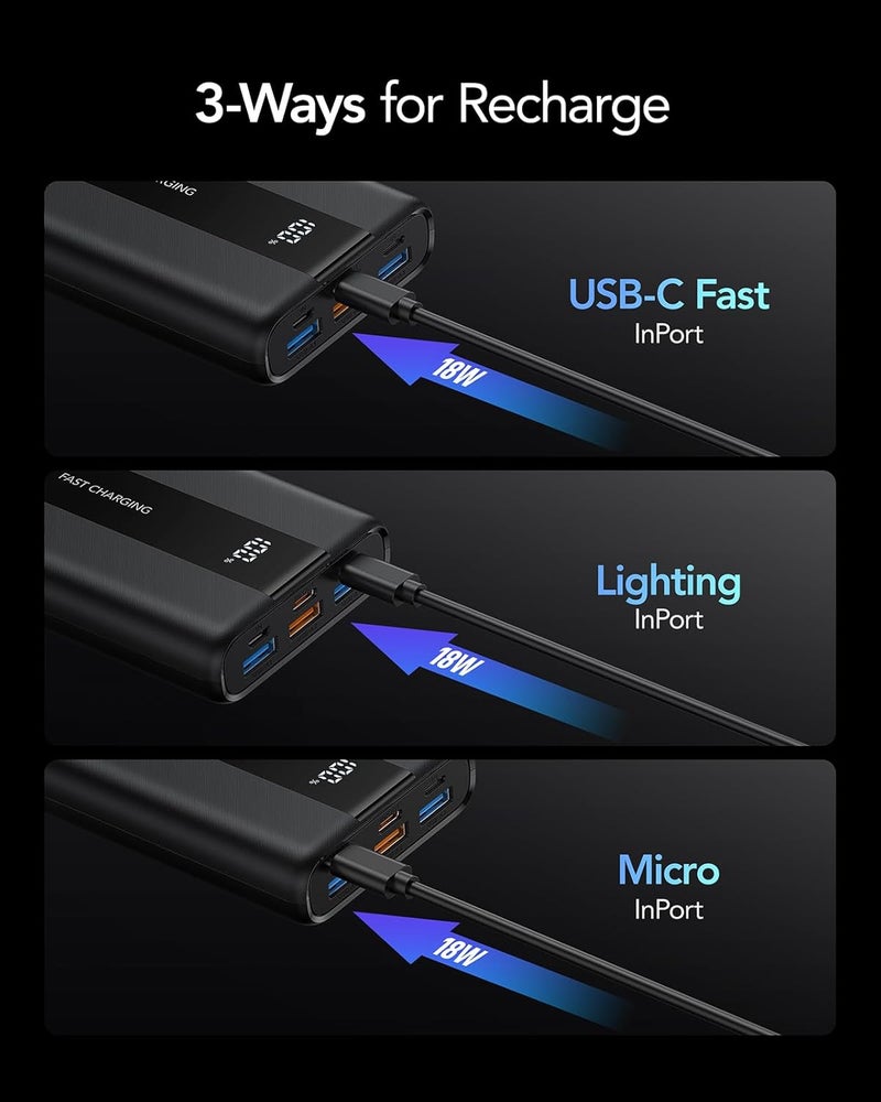 VRURC Powerbank, 22.5W Power Bank 20000mAh, PD & QC 3.0 Fast Charging USB C Portable Charger, 4 Output 3 Input Battery Pack with LED Display Compatible with iPhone 17 16 15 14 13 12 Pro/Max Xiaomi - Image 4