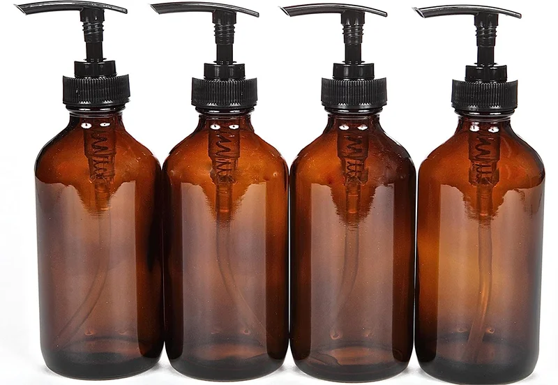 Quesera  Amber Glass Soap Dispenser with Plastic Pump, 16 Oz Pack of 2 Brown Dish and Hand Soap Dispenser Set Refillable Reusable Apothecary Soap Pump Dispenser bottles for Bathroom and Kitchen  | Best Price UAE