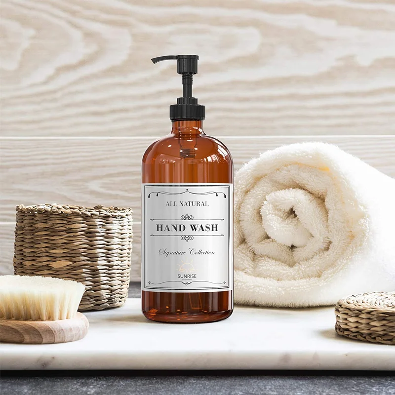 كويزيرا طقم موزع صابون زجاجي كهرماني بغطاء بلاستيكي، 2 قطعة، 16 أونصة، بني