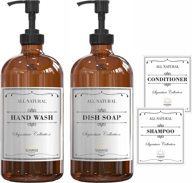 Quesera  Amber Glass Soap Dispenser with Plastic Pump, 16 Oz Pack of 2 Brown Dish and Hand Soap Dispenser Set Refillable Reusable Apothecary Soap Pump Dispenser bottles for Bathroom and Kitchen  | Best Price UAE