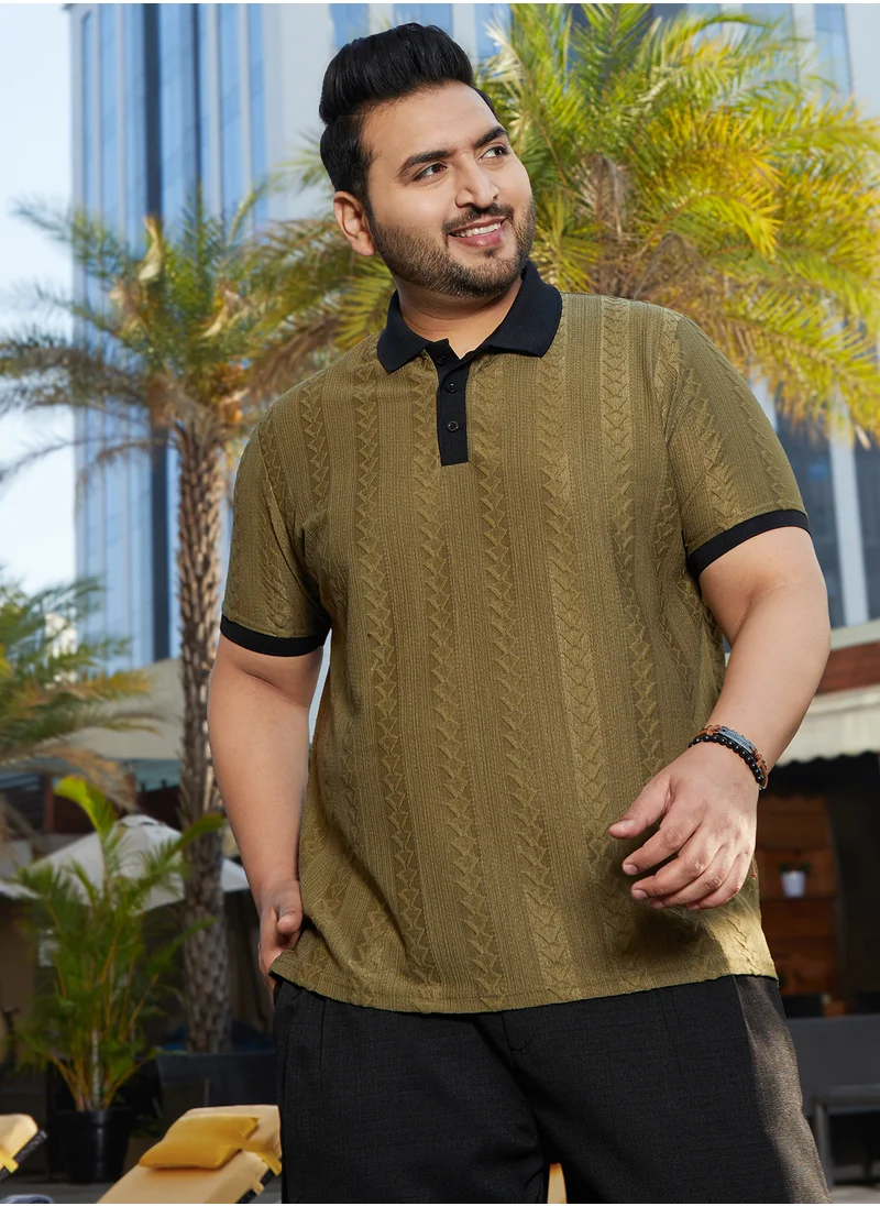 انستافاب بلس Instafab Plus Men's Olive Green Arc-Tactile Polo T-Shirt For Casual Wear | Polo Neck | Short Regular Sleeves | Half-Button Closure | Plus Size T-Shirt Crafted With Comfort Fit For Everyday Wear