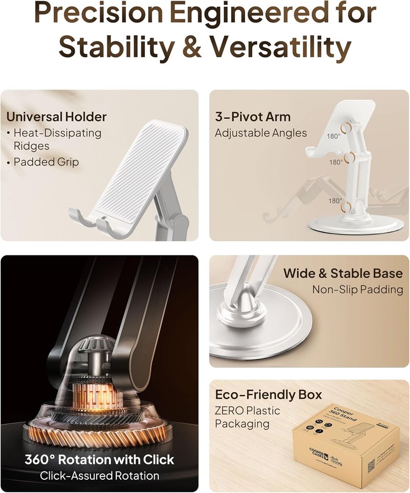 cooper 360° Stand - Adjustable Cell Phone Stand for Desk | 360° Click-Rotating, Multi-Angle, Non-Slip Metal Base, Foldable & Portable | iPhone Stand for Desk, Cell Phone Stand Holder (Cream White) - Image 3