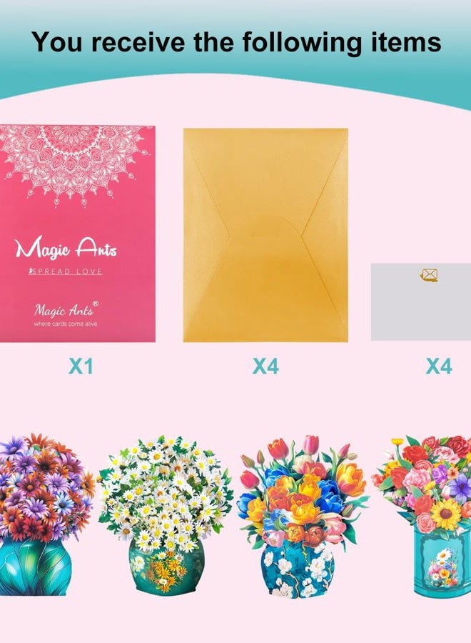 Magic Ants Pop up Flower Bouquet Cards Set, 4 Unique Floral Designs – Gerbera Daisies, Tulips, Sunflowers & Roses – 3D Greeting Cards for Birthdays, Mother's Day, Thank You, Get Well, and More – Elegant Gift for - Image 2