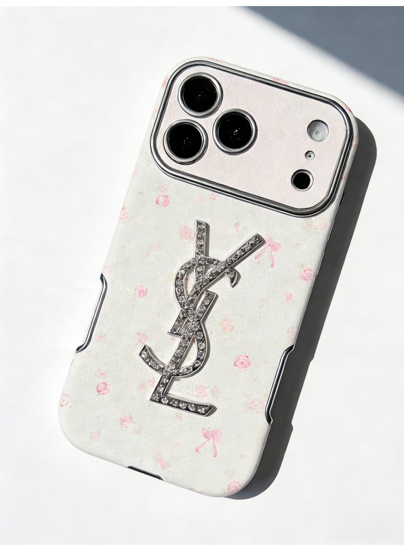 سانت لوران Saint Laurent YSL Crystal Cassandre Rose Print iPhone 16/17 Pro Max Case, White & Pink - Image 3