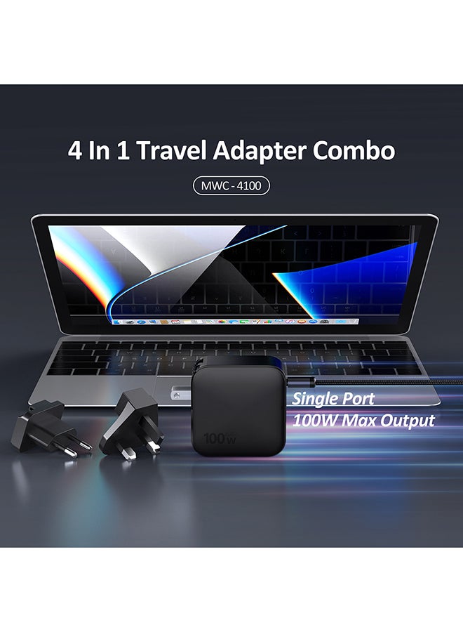 مايكروباك محول سفر 4 في 1 بتقنية GaN 100 واط Micropack MWC-4100 - شاحن سريع PD/QC، متعدد المنافذ، أسود - Image 2