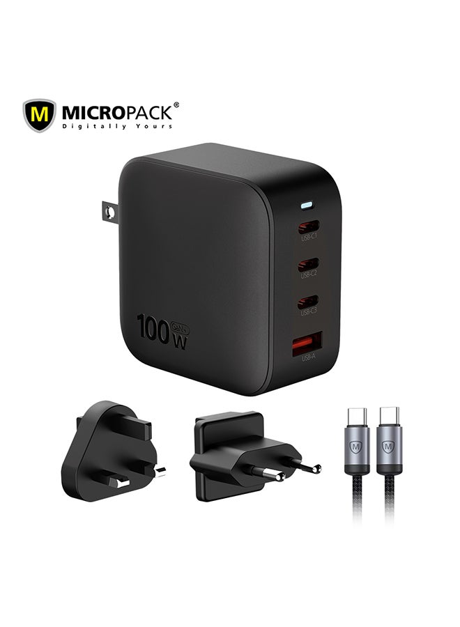 مايكروباك محول سفر 4 في 1 بتقنية GaN 100 واط Micropack MWC-4100 - شاحن سريع PD/QC، متعدد المنافذ، أسود - Image 1