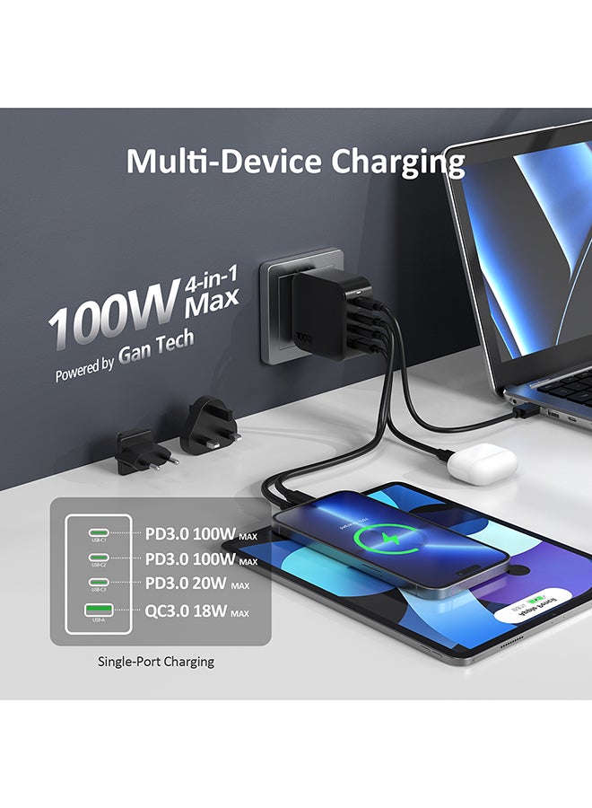 مايكروباك محول سفر 4 في 1 بتقنية GaN 100 واط Micropack MWC-4100 - شاحن سريع PD/QC، متعدد المنافذ، أسود - Image 3