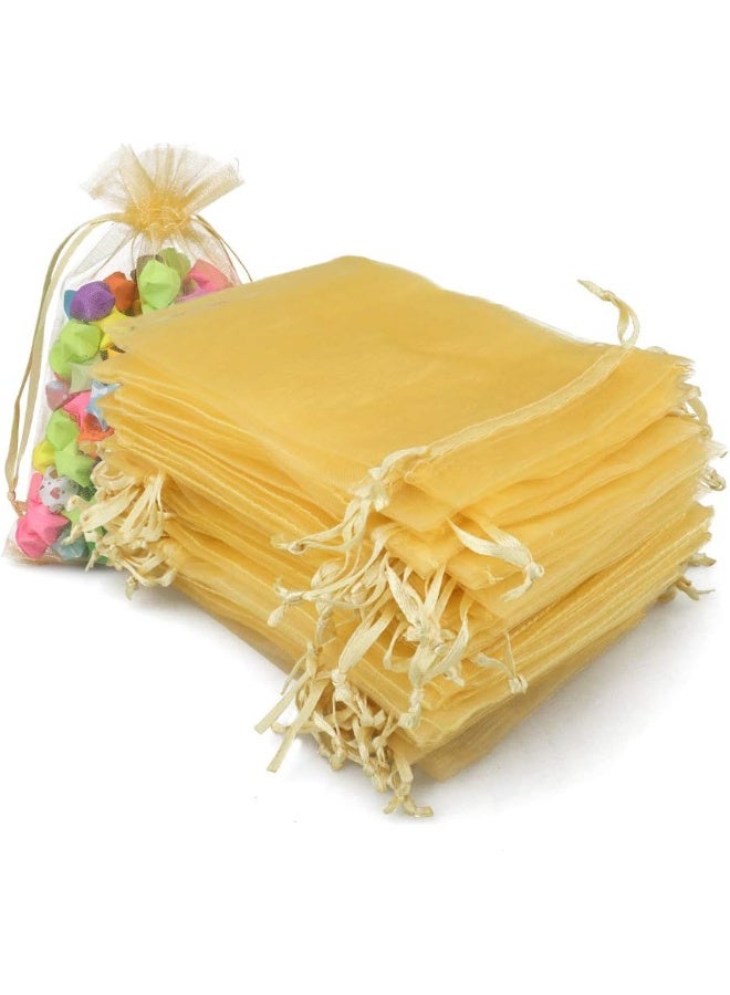 G2PLUS (100pcs Pure Color Style-golden Yellow) - Organza Bags, 100 PCS 10cmX15cm (4"X6") Drawstring Organza Jewellery Favour Pouches Wedding Party Festival Gift Bags Candy Bags (Golden Yellow) - Image 1