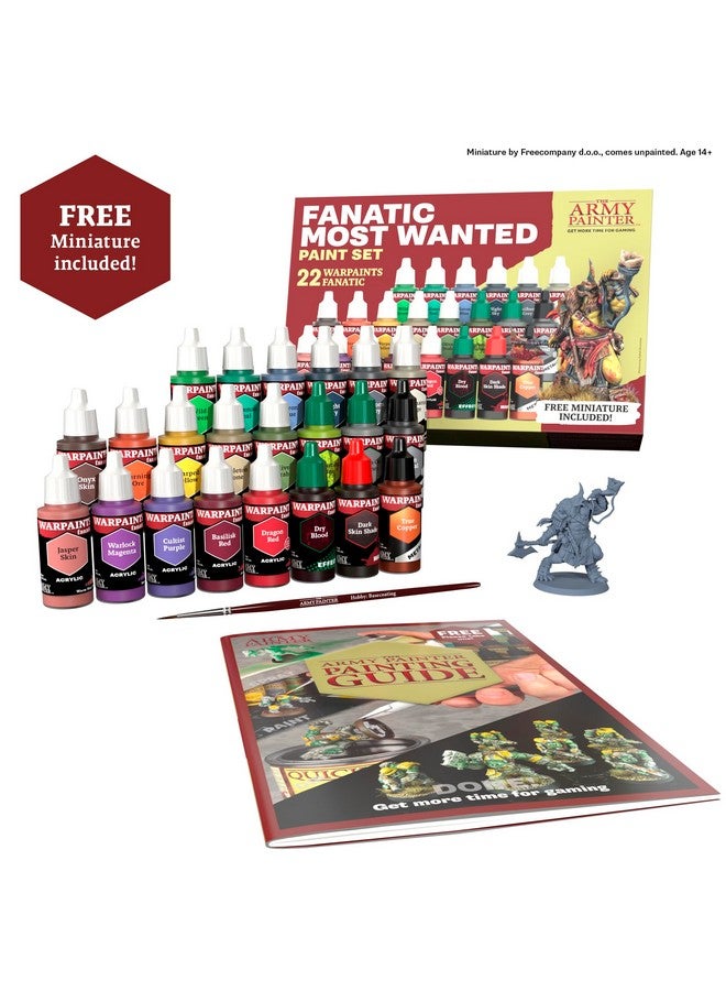 ذا أرمي باينتر مجموعة ألوان Warpaints Fanatic Most Wanted من Army Painter، 22 لونًا - 16 لونًا أكريليك، 2 لون معدني، 2 تأثير، 1 غسلة، 1 برايمر بالفرشاة، 1 شخصية مصغرة مجانية وفرشاة - Image 2