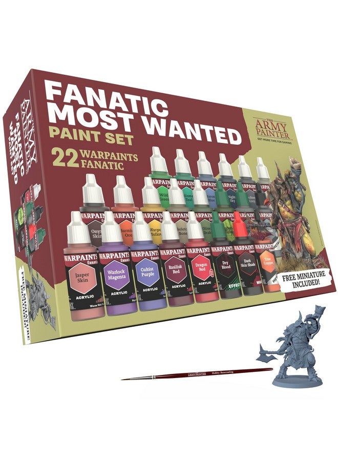 ذا أرمي باينتر مجموعة ألوان Warpaints Fanatic Most Wanted من Army Painter، 22 لونًا - 16 لونًا أكريليك، 2 لون معدني، 2 تأثير، 1 غسلة، 1 برايمر بالفرشاة، 1 شخصية مصغرة مجانية وفرشاة - Image 1