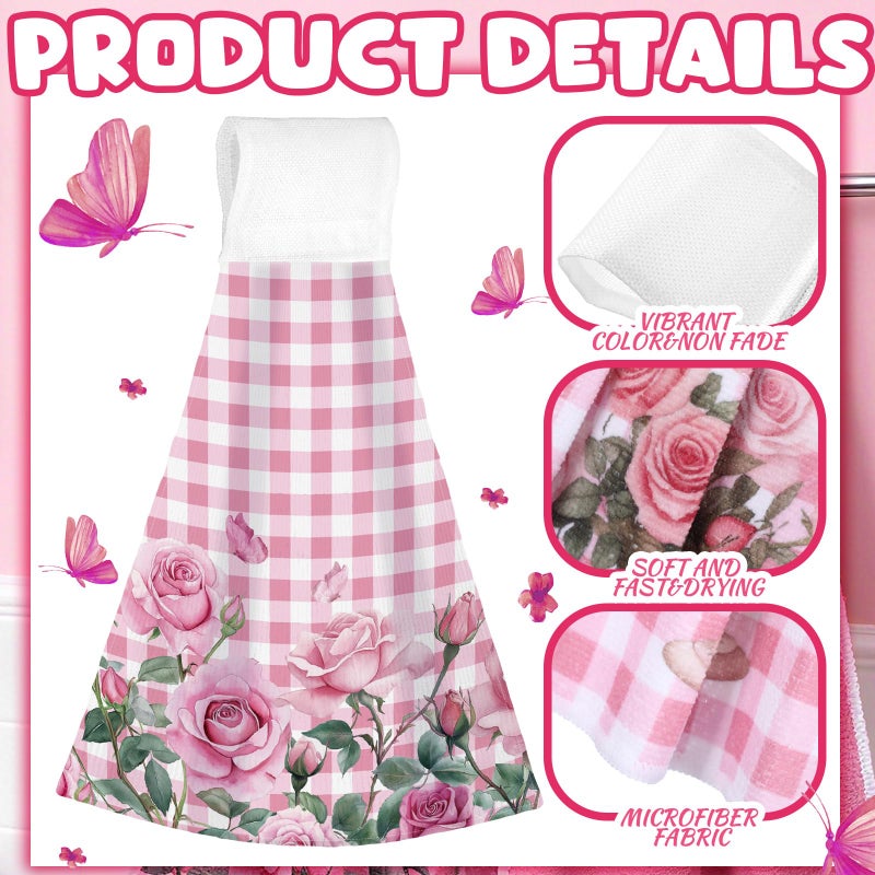 Tegeme 6 Pcs Hanging Kitchen Towels with Loop, Absorbent Hand Tie Towels Microfiber Decorative Fast Drying Kitchen Hanging Towel for Home Bathroom(Pink Rose) - Image 4