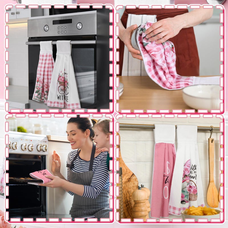 Tegeme 6 Pcs Hanging Kitchen Towels with Loop, Absorbent Hand Tie Towels Microfiber Decorative Fast Drying Kitchen Hanging Towel for Home Bathroom(Pink Rose) - Image 2