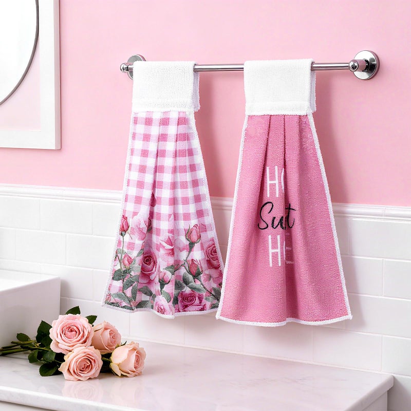 Tegeme 6 Pcs Hanging Kitchen Towels with Loop, Absorbent Hand Tie Towels Microfiber Decorative Fast Drying Kitchen Hanging Towel for Home Bathroom(Pink Rose) - Image 5