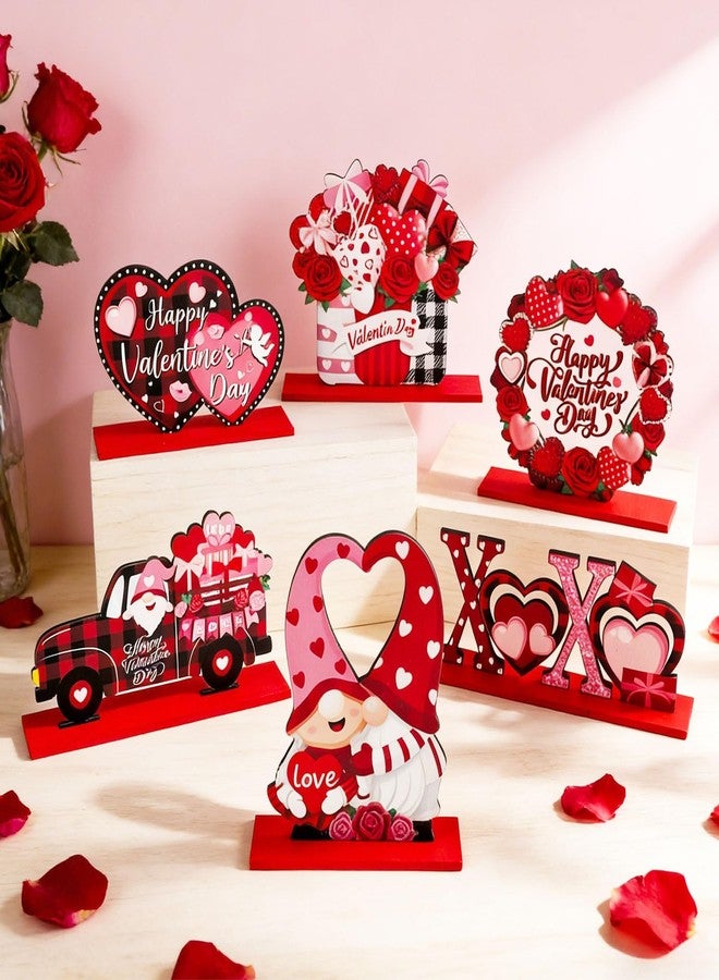 OBUSATT 6 Pcs Valentine's Day Wooden Table Sign Decoration Happy Valentines Day Wood Tabletop Centerpiece Romantic Love Gnomes Truck Heart Table Decorations for Party Farmhouse Home Tiered Tray Decor Gifts - Image 5