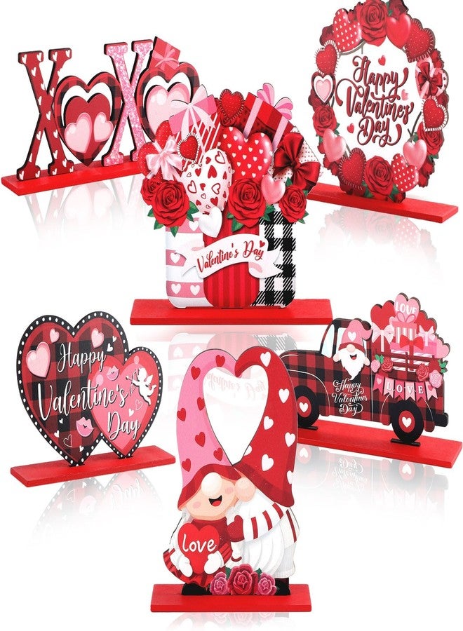 OBUSATT 6 Pcs Valentine's Day Wooden Table Sign Decoration Happy Valentines Day Wood Tabletop Centerpiece Romantic Love Gnomes Truck Heart Table Decorations for Party Farmhouse Home Tiered Tray Decor Gifts - Image 1