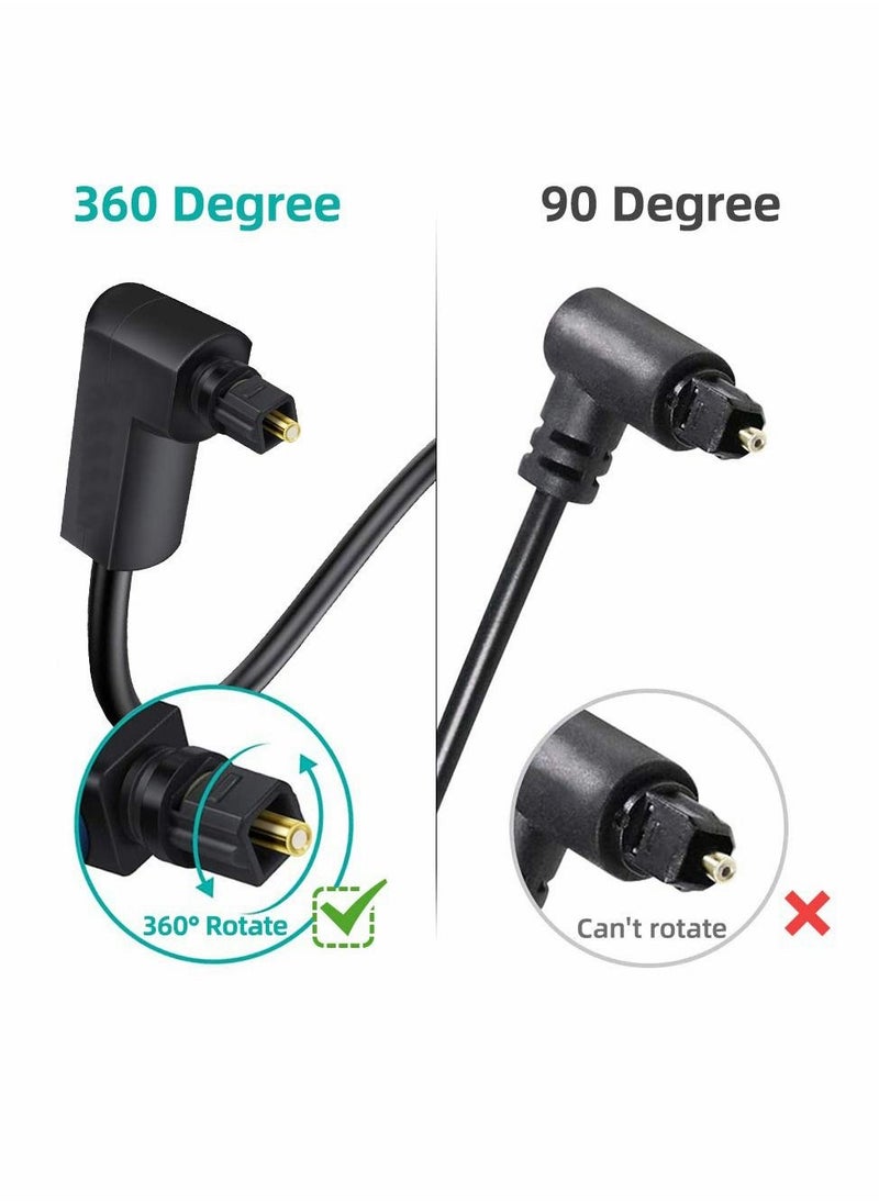 كابل صوت بصري بزاوية 90 درجة، كابل صوت بصري رقمي رفيع SPDIF، كابل Toslink من الألياف البصرية بزاوية قائمة 360 درجة لشريط الصوت والتلفزيون وPS4 وXbox والمسرح المنزلي، قطعتان بطول 3 أقدام