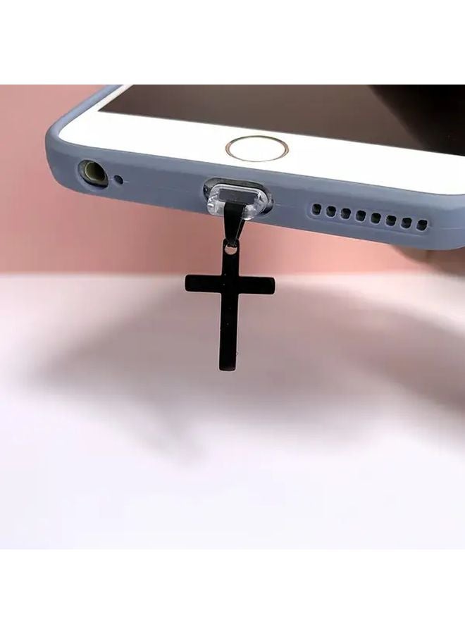 Type C Charging Port Dust Plug Black Stainless Steel Phone Pendant With Rope - Image 1