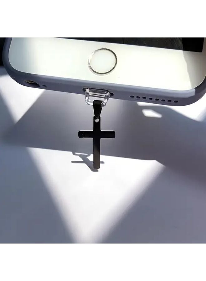 Type C Charging Port Dust Plug Black Stainless Steel Phone Pendant With Rope - Image 5