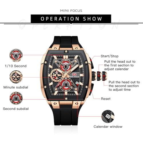 MF MINI FOCUS Men's Watch Analog Fashion Wrist Watch, Skeleton Tonneau Watch for Men with Chronograph,Ideal for Sports Enthusiasts and Daily Wear (Black_Golden) - Image 5