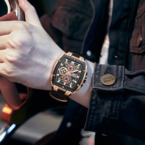 MF MINI FOCUS Men's Watch Analog Fashion Wrist Watch, Skeleton Tonneau Watch for Men with Chronograph,Ideal for Sports Enthusiasts and Daily Wear (Black_Golden) - Image 3