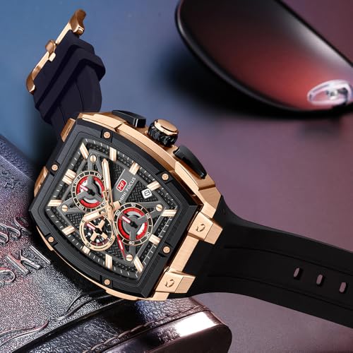 MF MINI FOCUS Men's Watch Analog Fashion Wrist Watch, Skeleton Tonneau Watch for Men with Chronograph,Ideal for Sports Enthusiasts and Daily Wear (Black_Golden) - Image 2