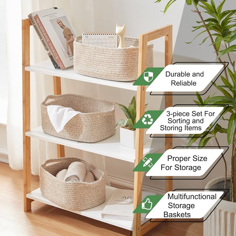 OIAHOMY Cotton Rope Baskets, Woven Baskets for Storage, Nursery Storage Baskets, Rectangle Storage Basket with Handles, Storage Baskets for Shelves, Pack of 3, Brown Variegated - Image 5