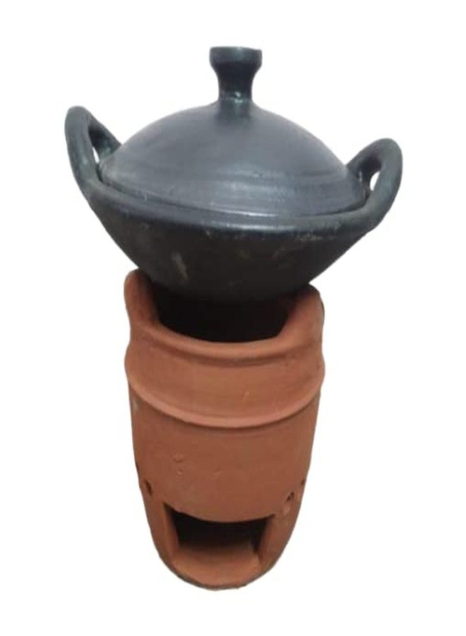 LKC Clay kadhai with lid & Large Sigadi for Cooking Black Colour/Clay tai/Clay Handi/Clay kadhai with sigadi for Cooking, Sigdi, LPG etc. 2.5 Litre Large Size - Image 1