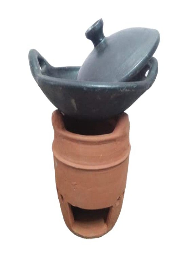 LKC Clay kadhai with lid & Large Sigadi for Cooking Black Colour/Clay tai/Clay Handi/Clay kadhai with sigadi for Cooking, Sigdi, LPG etc. 2.5 Litre Large Size - Image 4