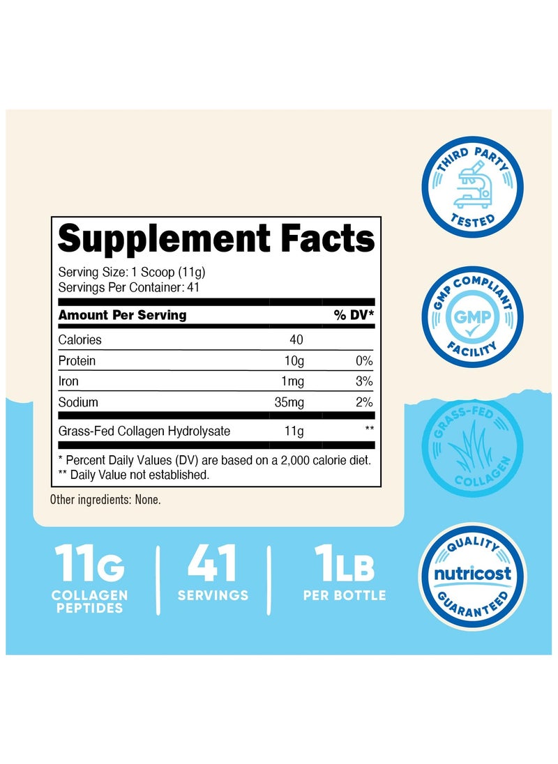 Nutricost - Collagen Peptides, Grass Fed Collagen Hydrolysate 11 G Collagen Peptides| 41 SERVINGS | 1 LB Per Bottle,Unflavored Net WT 16.2 oz (1 LB) (454 G) - Image 1
