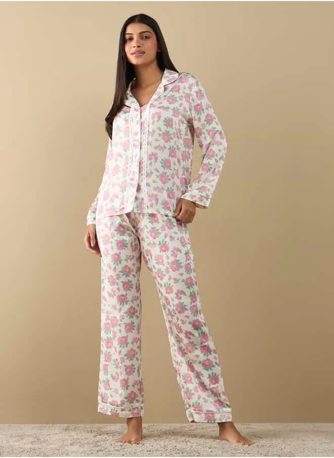 FAV All-Over Floral Print Laced Long Sleeve Shirt and Elasticated Pyjama Set