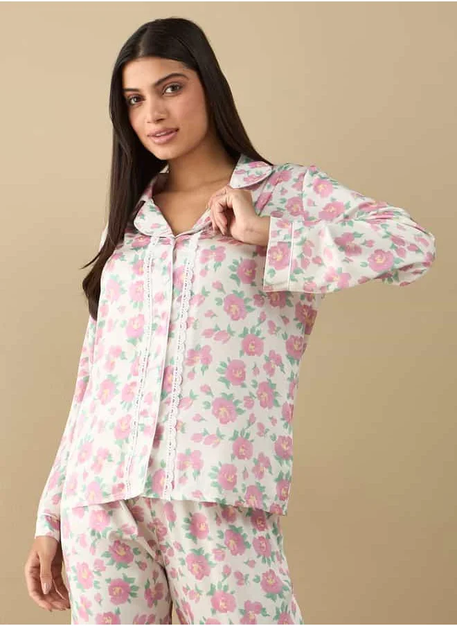 FAV All-Over Floral Print Laced Long Sleeve Shirt and Elasticated Pyjama Set