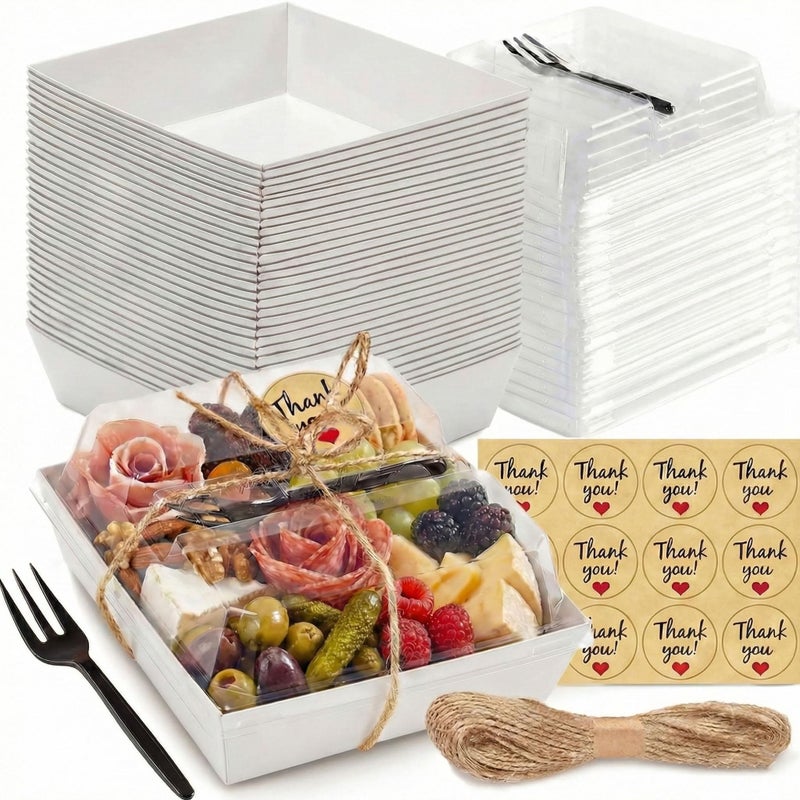 Leafiew 50 Pack Small Charcuterie Boxes with Clear Lids and Forks - To Go Paper Mini Charcuterie Box, Disposable Food Containers, 5Inch Dessert Boxes for Cookie, Cake Slice, Strawberries (White) - Image 1
